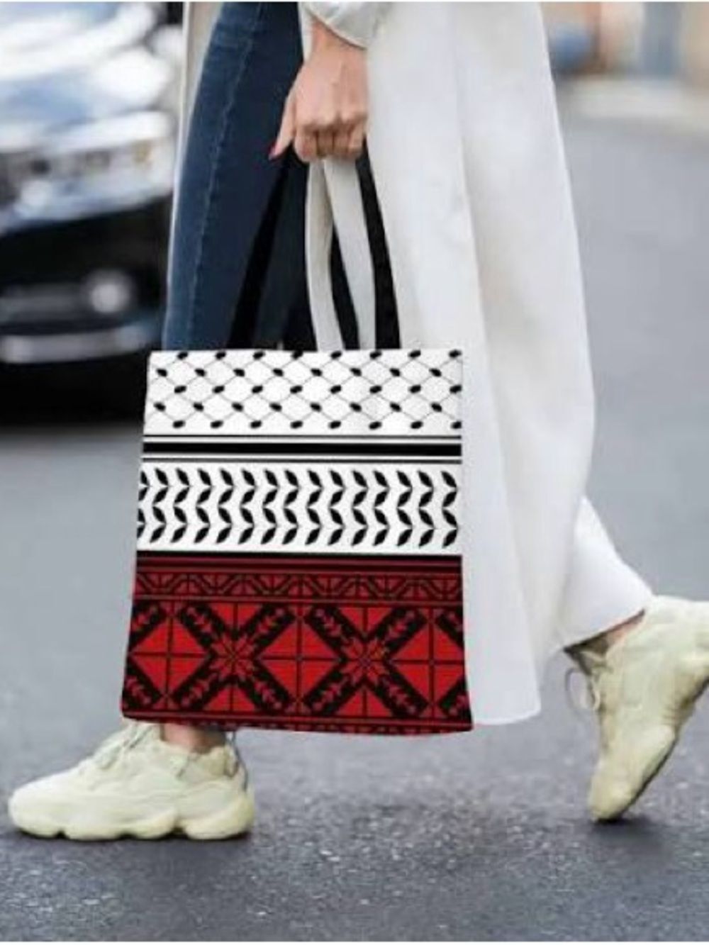 Keffiyeh Tatreez Black White & Red Patterned Tote Bag